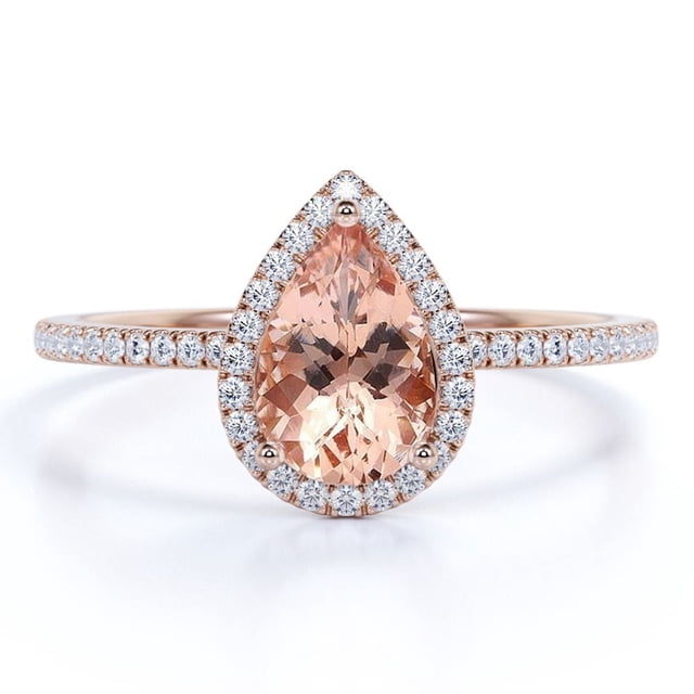 JeenMata Anillo de Compromiso de Oro Rosa con Halo de Moissanita y Morganita Talla Pera de 1,25 Quilates