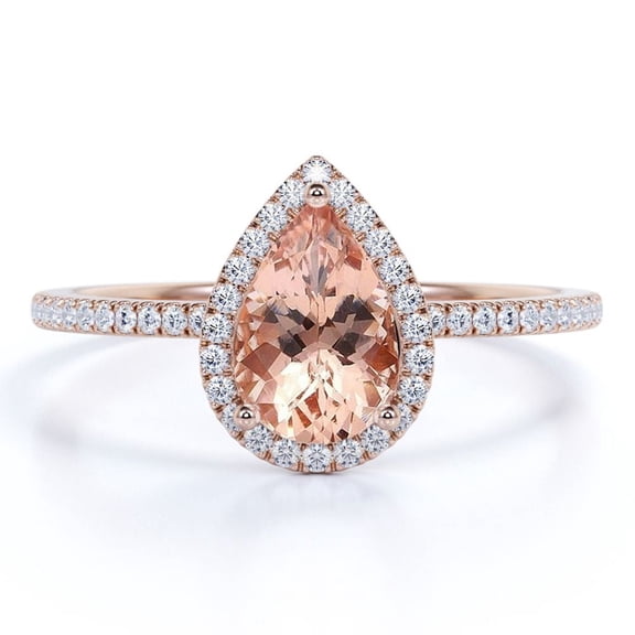 JeenMata 1 Carat lab created Pear Cut created morganite and Moissanite Halo Engagement Ring in Rose Gold