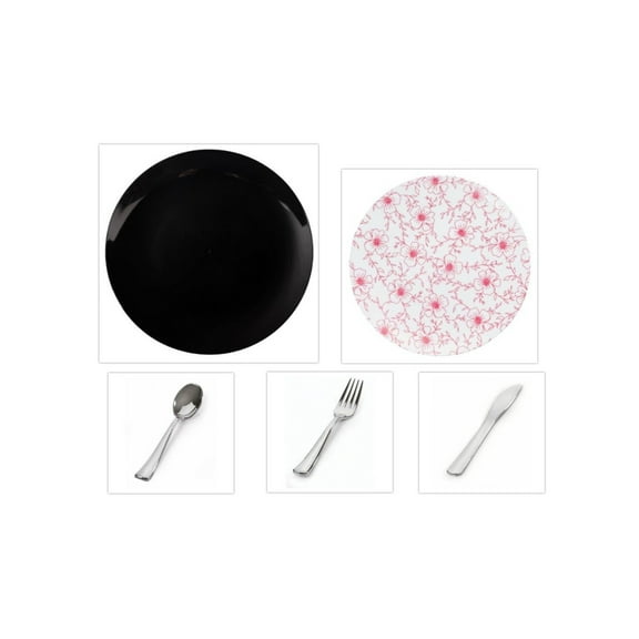 Flora Design Collection Black 10.25" Dinner Plastic Plates   White w/Burgundy Floral 8" Salad Plastic Plates   Silver Cutlery *Party of 100*