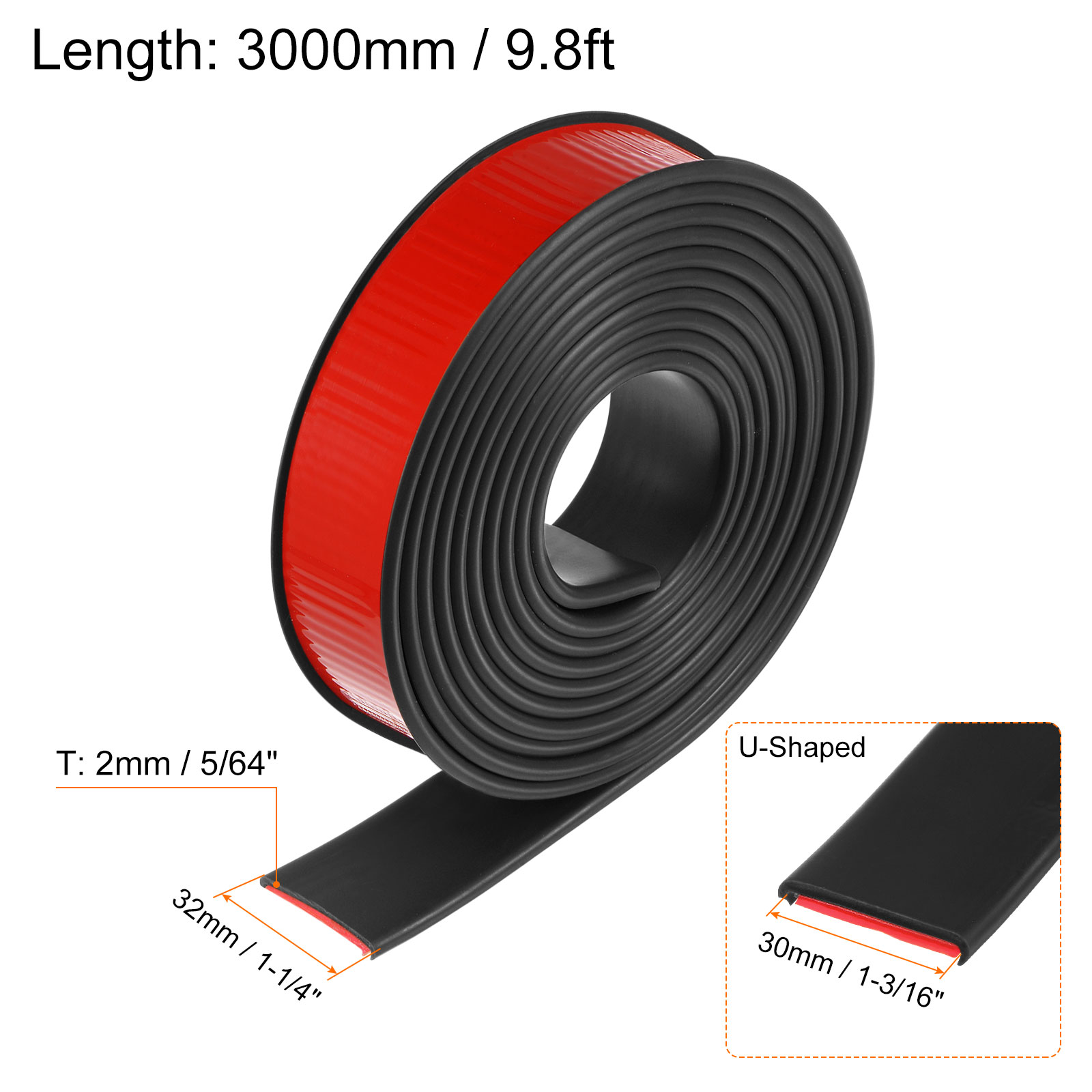 Uxcell 30mm x 3000mm Flexible TPE Self Adhesive U-Shape Veneer Edging Edge Banding Black