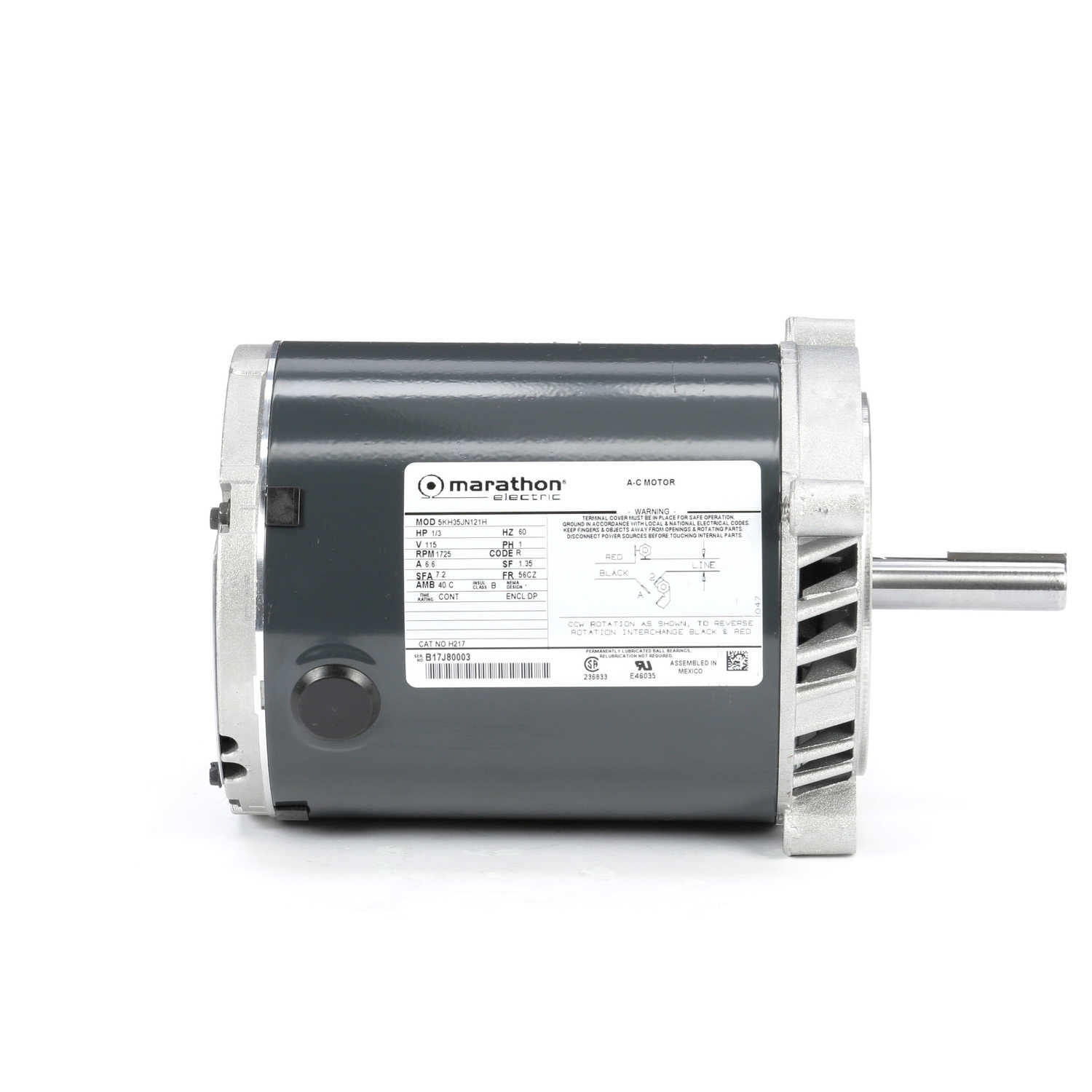 Marathon H217 56CZ Frame Exhaust Ventilator Motor, Single Split Phase, C-Face, Open Drip Proof, Ball Bearing, 6.6 amp, 1/3 hp, 1725 rpm, 115V