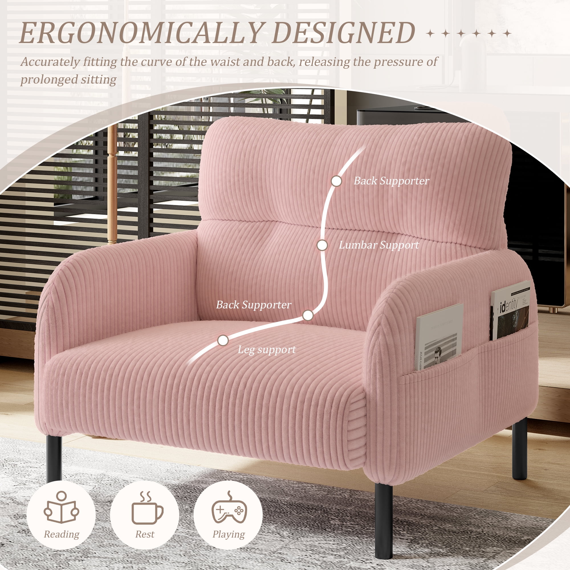 Modern Accent Chair,Armchair,Corduroy Fabric Sofa Chairs,Upholstered Armchair for Living Room,Bedroom,Office,Pink