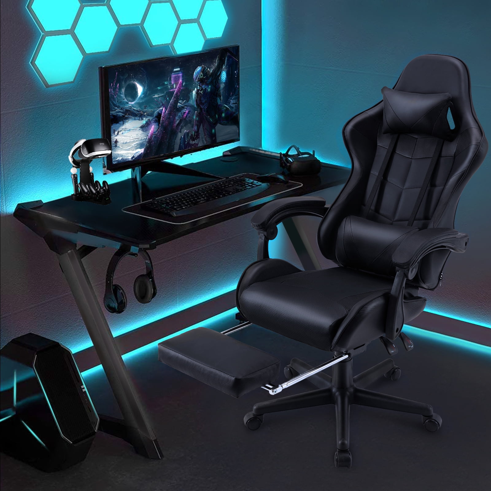 Luxvie Gaming Chair with Footrest High Back Office Chair with Headrest&Massage Lumbar Support Swivel Ergonomic Gaming Chair for Adults, Black