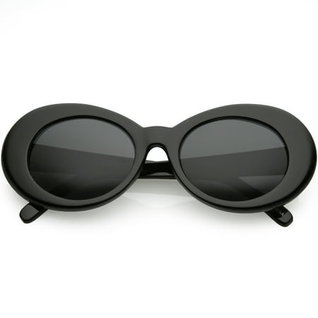 Large Retro Mod Oval Sunglasses Thick Frame Wide Arms Neutral Colored Lens 53mm (Black / Smoke)