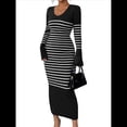 thumbnail image 1 of Vestido de Suéter A Rayas con Cuello en V para Mujer, Larga, Ajustado, Midi. Negro M, 1 of 7