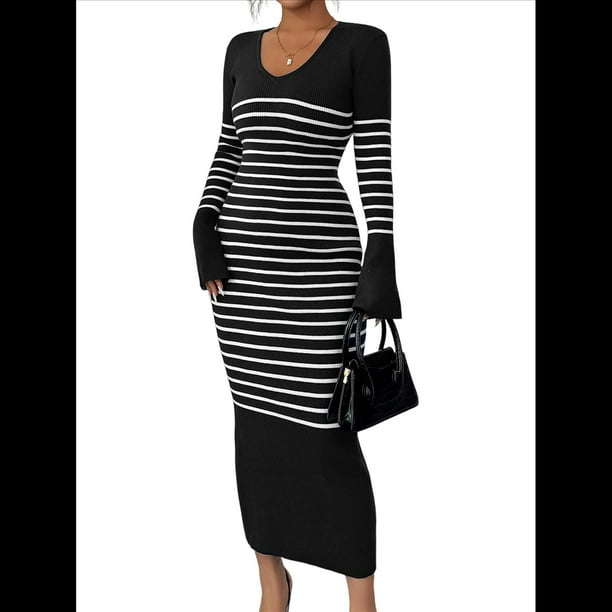 Vestido de Suéter A Rayas con Cuello en V para Mujer, Larga, Ajustado, Midi. Negro L