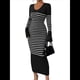 thumbnail image 1 of Vestido de Suéter A Rayas con Cuello en V para Mujer, Larga, Ajustado, Midi. Negro L, 1 of 7