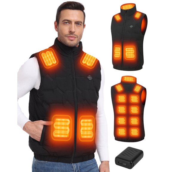 Gokozy Men’s Heated Vest, equipped with a 12V 20,000mAh battery, supports 20W fast charging, features 15 heating zones, and is ideal for activities such as cycling, fishing, and skiing.