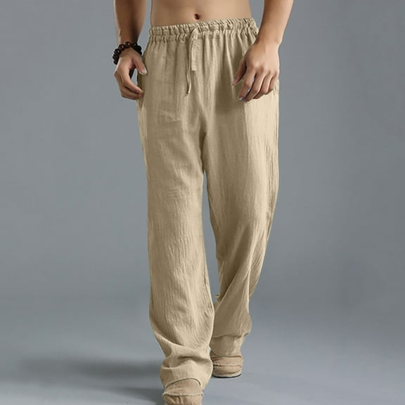 Tejiojio Men's and Big Men's Relaxed Fit Men Solid Casual Elastic Waistband Pocket Cotton Linen Panel Trousers Pants