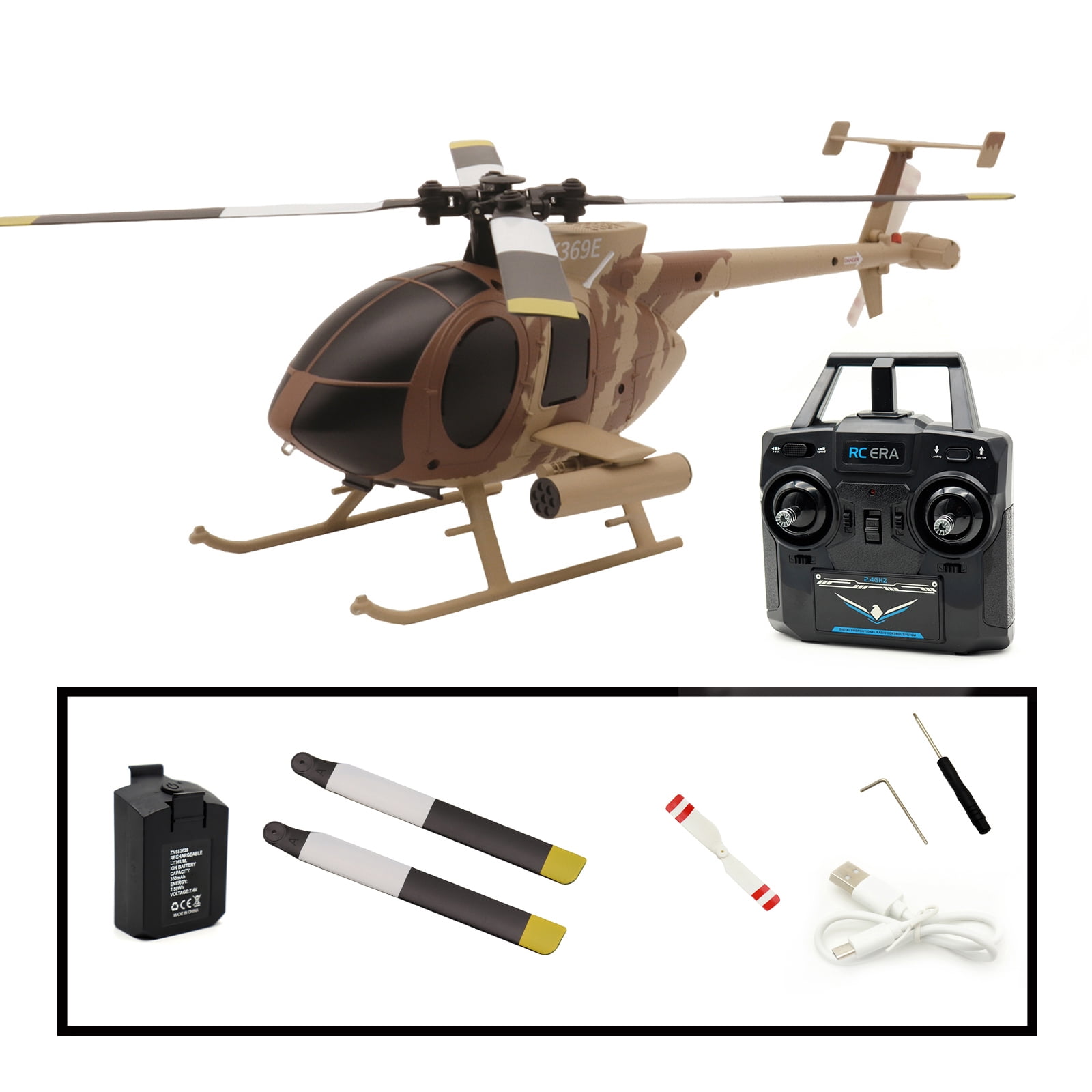 RC ERA C184 MD500 RC Helicopter, 2.4G 4CH Brushless RC Helicopter with Optical Positioning, 6-Axis Groy Military Aircraft Model for Adults - 3 Battery