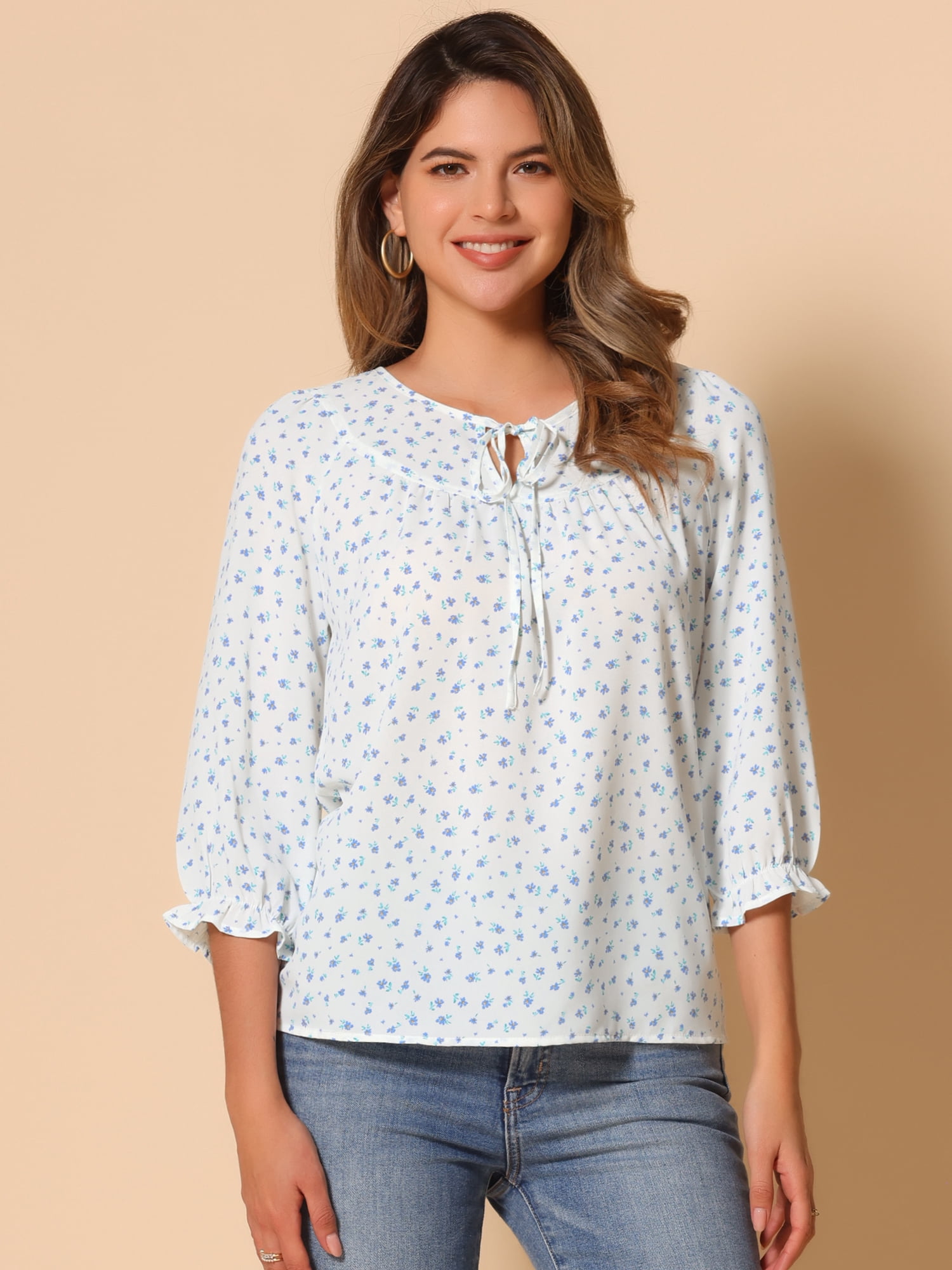 DARING DIVA Tie V Neck Boho Ruffled 3/4 Sleeve Blouses XL White Blue