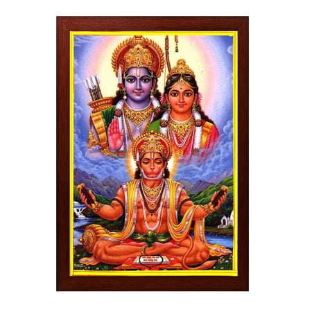 zig zag Hanuman Reciting Sita Ram, Sita Ram and Ram Giving him Blessings, Photo picture Frame For For Wall hanging ,Temple, pooja Room, Worship ( 24 x 34 cm , Brown Golden Border )