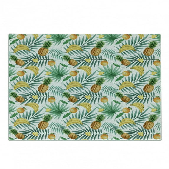 Watercolor Cutting Board, Exotic Fruits Pattern Pineapples Bananas Oranges Tropical Leaves, Decorative Tempered Glass Cutting and Serving Board, Small Size, Green Yellow Pale Brown, by Ambesonne