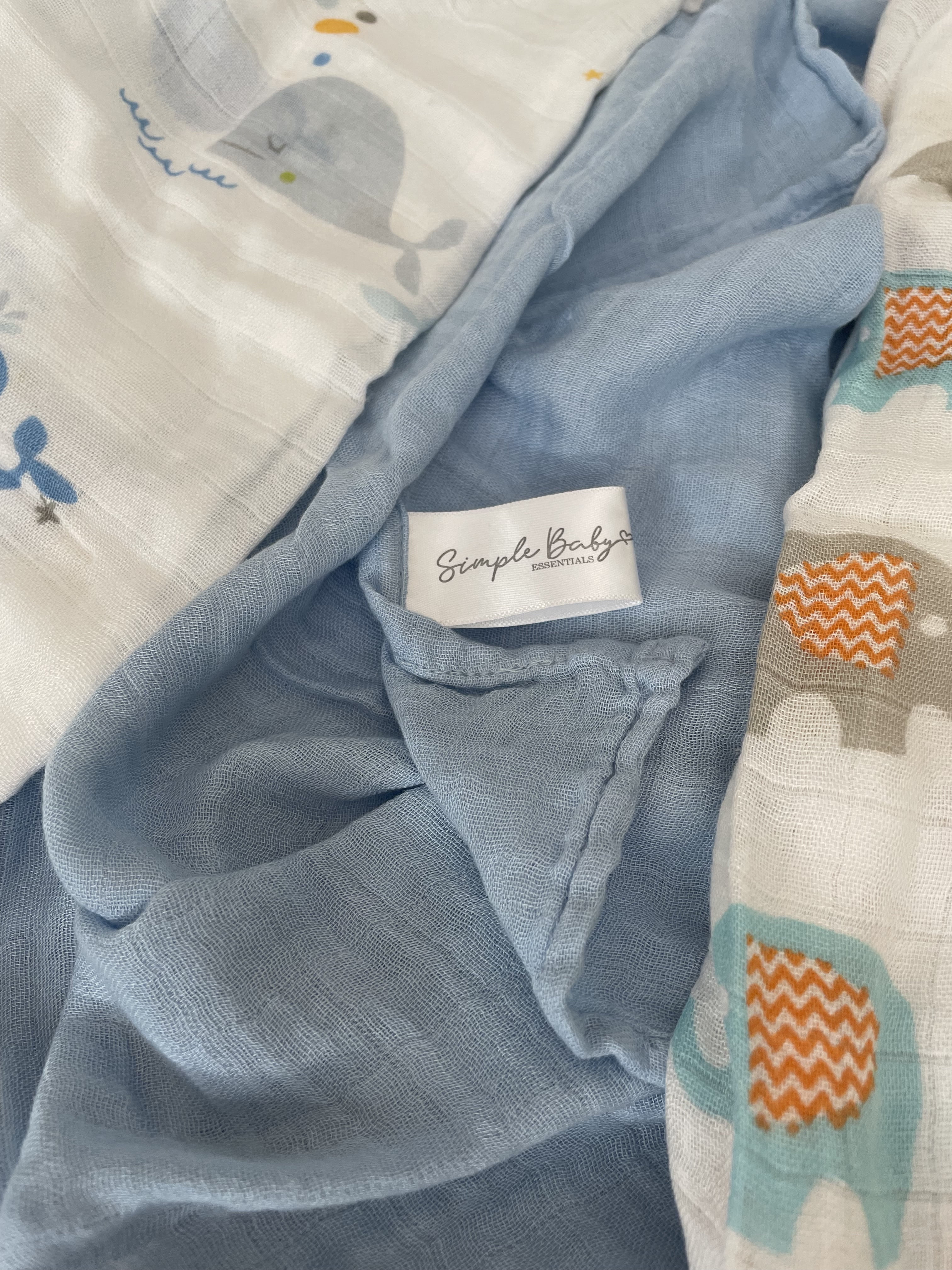 Simple Baby Essentials | Soft Bamboo Muslin Cotton Swaddles - Receiving Blankets | Baby Shower Gift | 3 Pack Large 47'x47' Absorbent Breathable | Boy Light Blue Whale Elephant, Crib