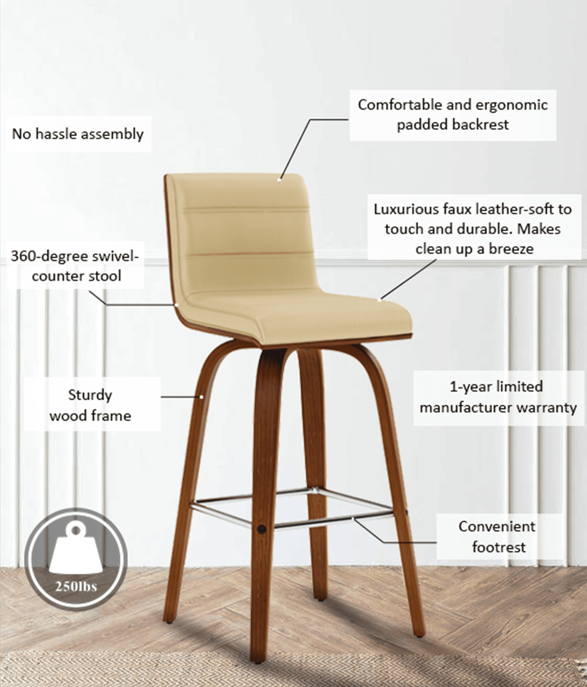 Vienna 26" Swivel Counter Stool in Walnut Wood Finish with Cream Faux Leather - Set of 3