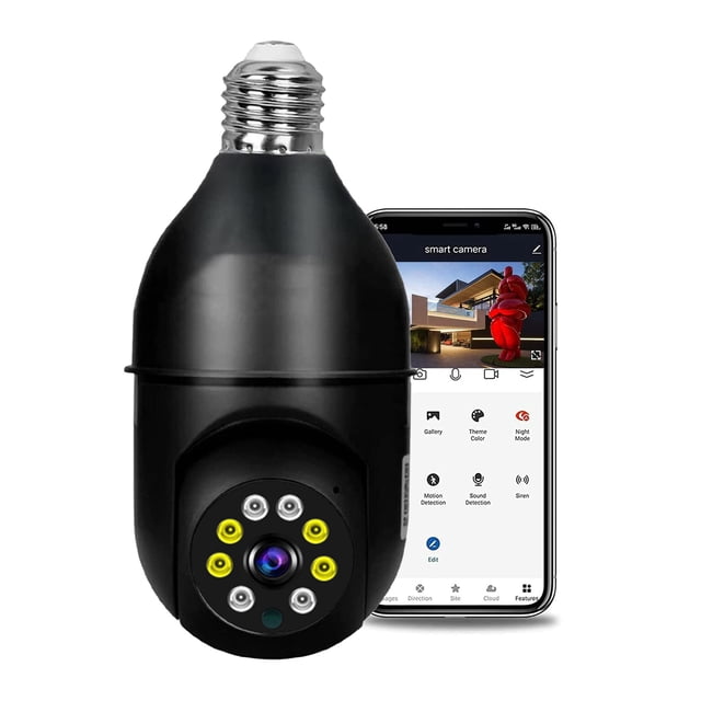1080P Bombilla de luz inalámbrica Monitor Cámara WiFi Cámara de seguridad 2MP Admite audio bidirecci Tomshoo Negro/Paquete de 1