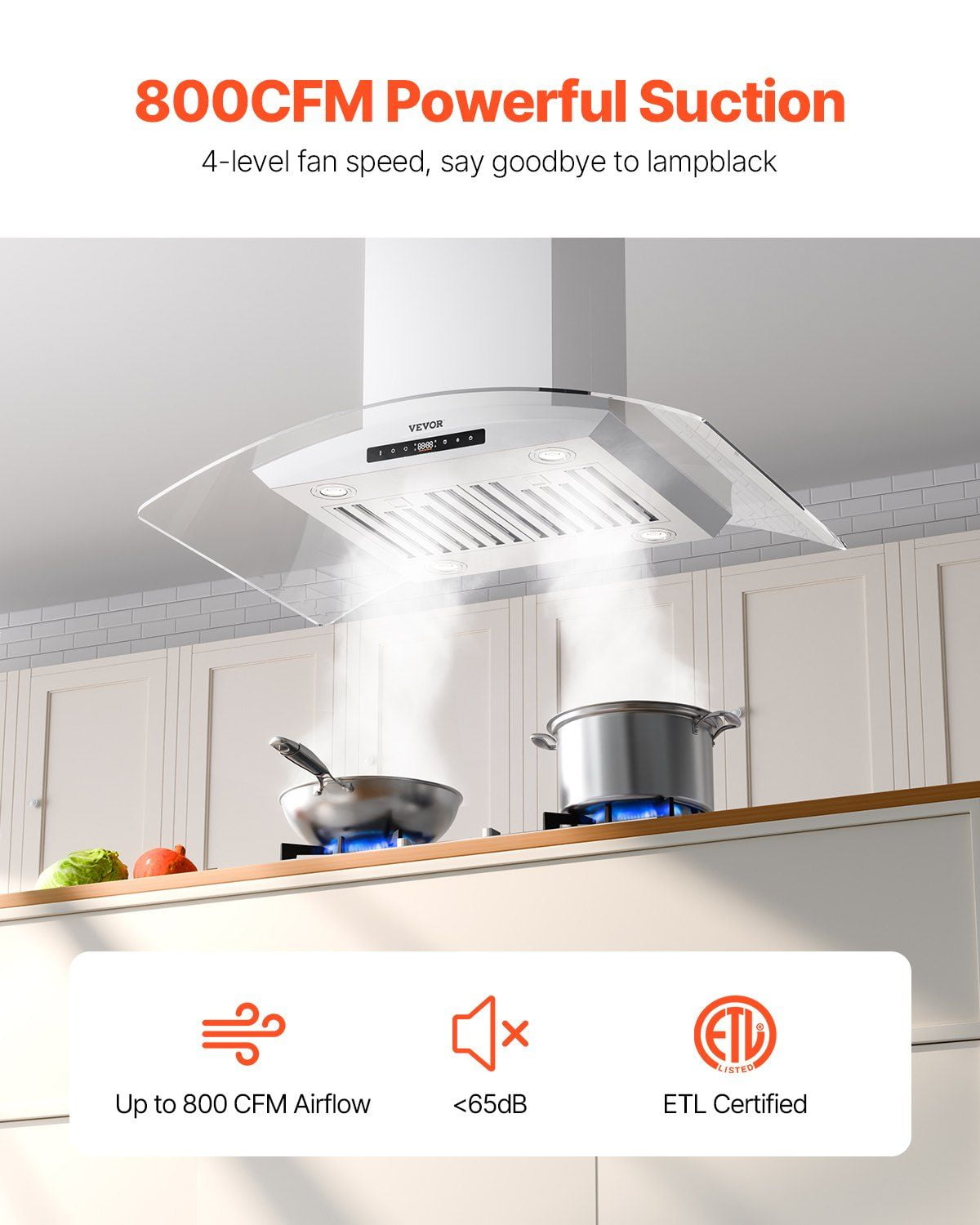 30" Wall Mount Range Hood Ceiling Mount Vent 800CFM Gesture & Touch Control