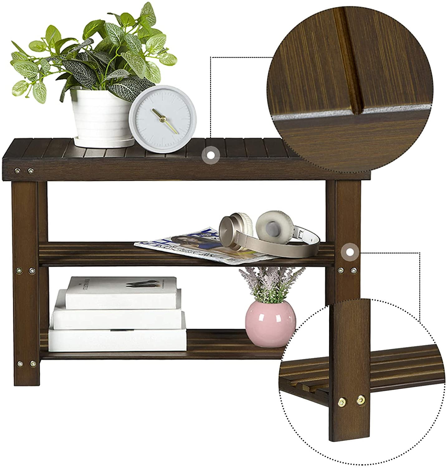 3-Tier Shoe Rack Bench, Hallway Bamboo Organizer, Home Storage Shelf with Holds 286 lb, Walnut