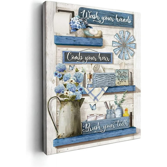 Farmhouse Bathroom Decor Wall Art Cute Bathroom Sign Poster Country Bathroom Pictures for Wash Your Hands Rustic Wall Canvas Print Painting for Bathroom Decor Framed 12x16 inch - Navy Blue