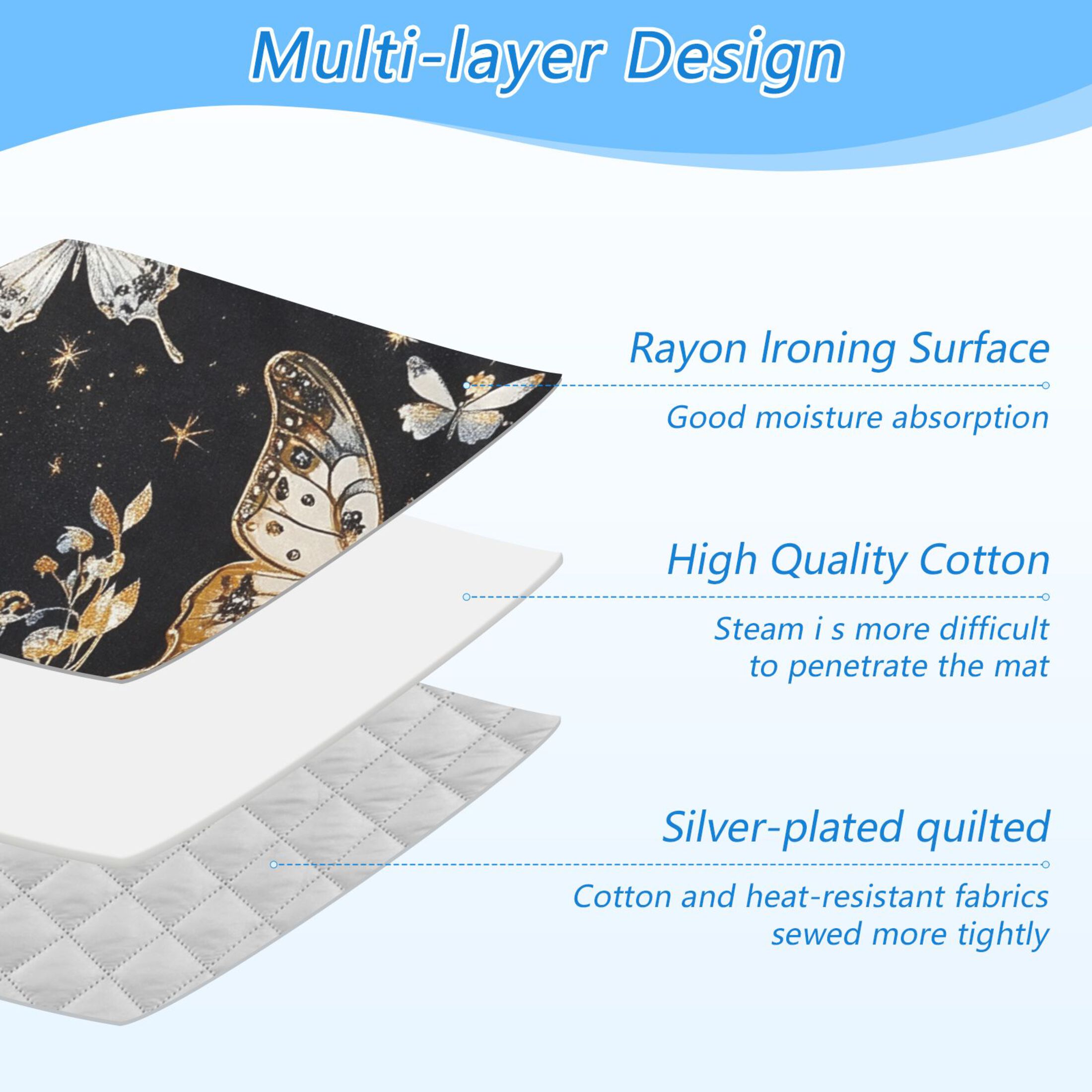 Gold Silver Butterflies Leaves Ironing Mat Blanket Portable Travel Ironing Pad Heat Resistant Pad 47.2" x 27.6”