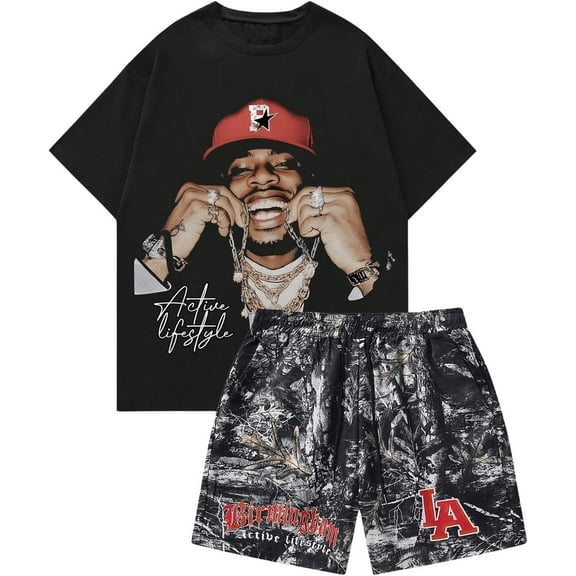 YATELLE Men's 2 Piece Outfit Tracksuit Set Graphic Crew Neck Short Sleeve Cool Shirts Tee and Camo Shorts Set with Pocket