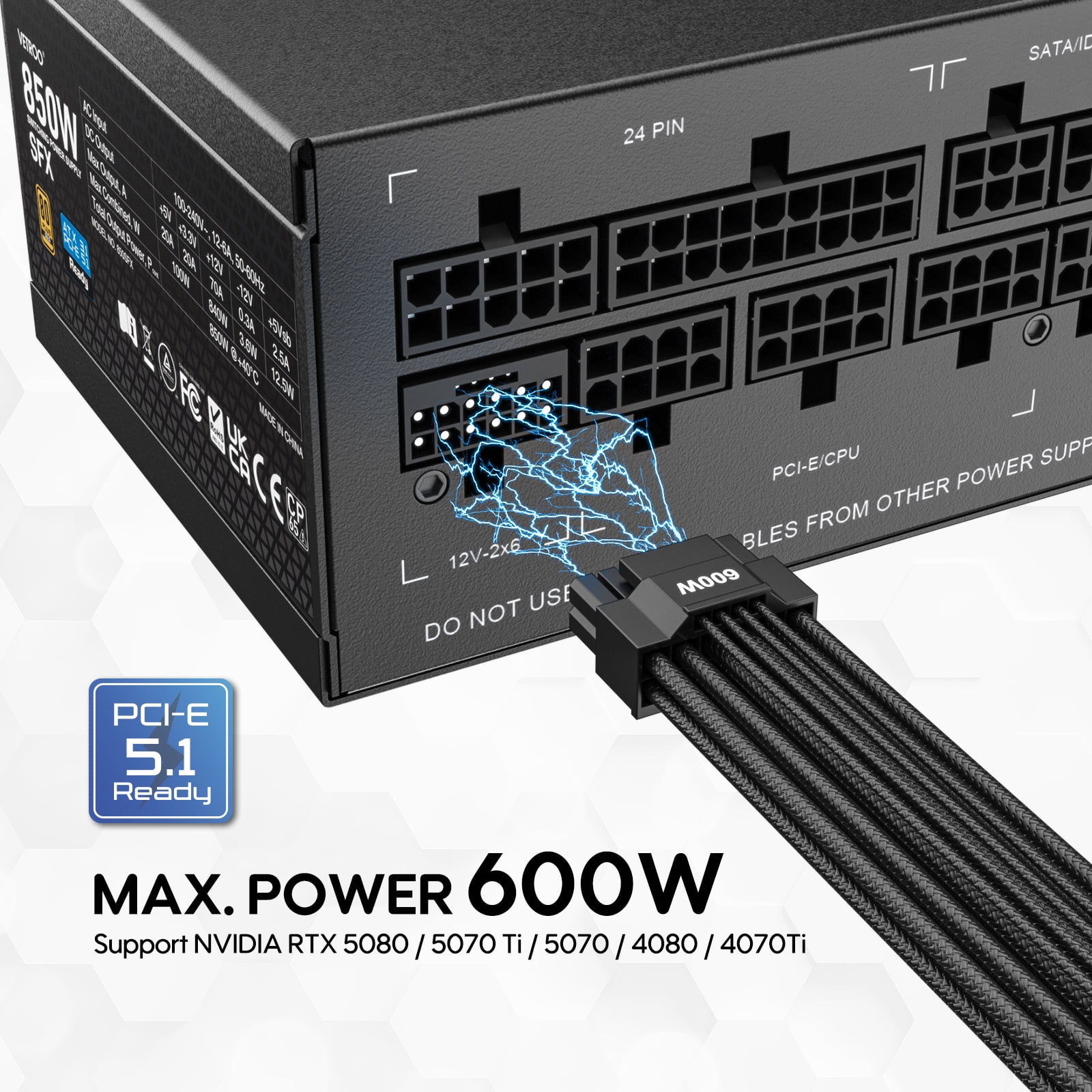 Vetroo 850W Black SFX Power Supply ATX 3.1 & PCIE 5.1 Ready, 80 Plus Gold Certificate Fully Modular