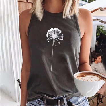LSLJS Débardeurs à Col Rond pour Femmes Femmes Débardeur à Imprimé Pissenlits Coupe Ajustée Col Rond Sans Manches Chandails à Blocs Tunique T-Shirt Hauts
