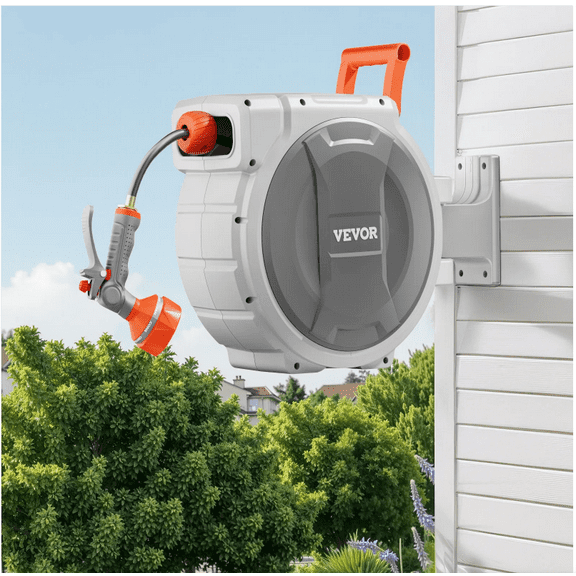 Automatic Garden Hose Reel Wall Mounted, 65 Feet 1/2 Inch Retractable Water Hose with 8 Pattern Spray Nozzle for Lawn Care