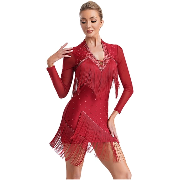 iiniim Women's V Neck Long Sleeve Fringe Latin Dance Tango Waltz Cocktail Party Dress Burgundy L