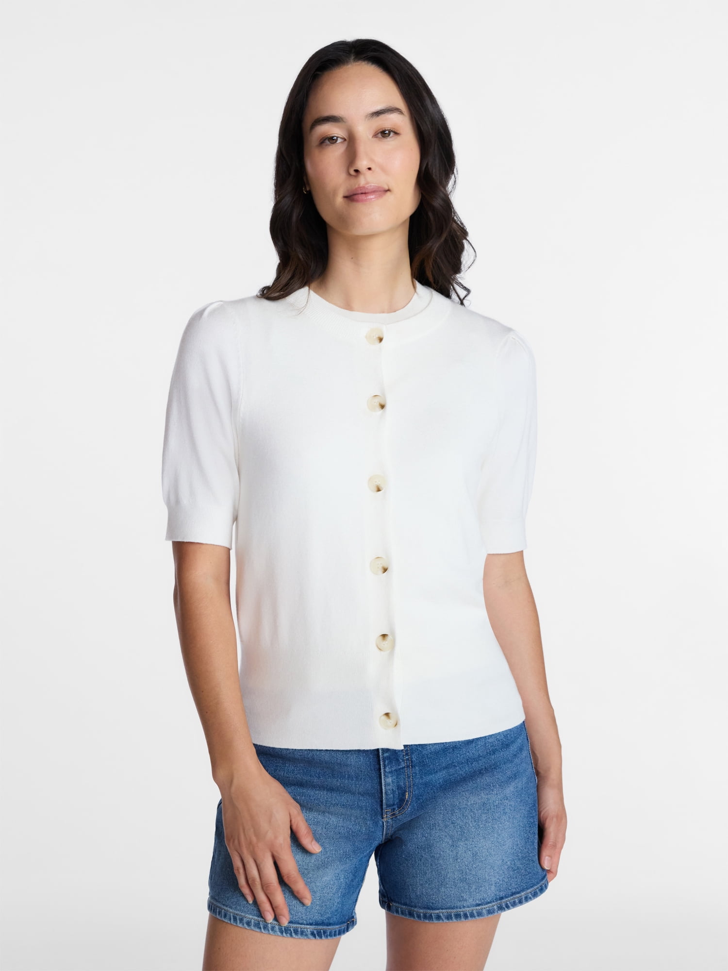 Time and Tru Woman's Crew Cardigan with Short Sleeves, Sizes XS-XXXL