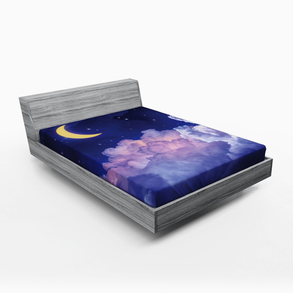 Moon Fitted Sheet, Cloudy Sky Illustration of the Moon and Stars in the