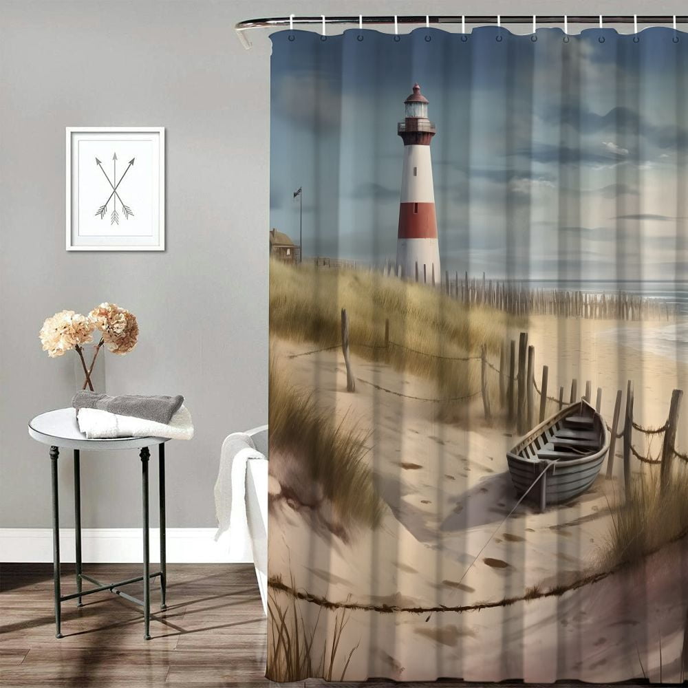 Pratyus Lighthouse Boat Fence Fabric Shower Curtain with Hooks, Polyester Bathroom Decor Set for Shower/Bathtub, Waterproof & Quick Drying, Various Sizes 60x72