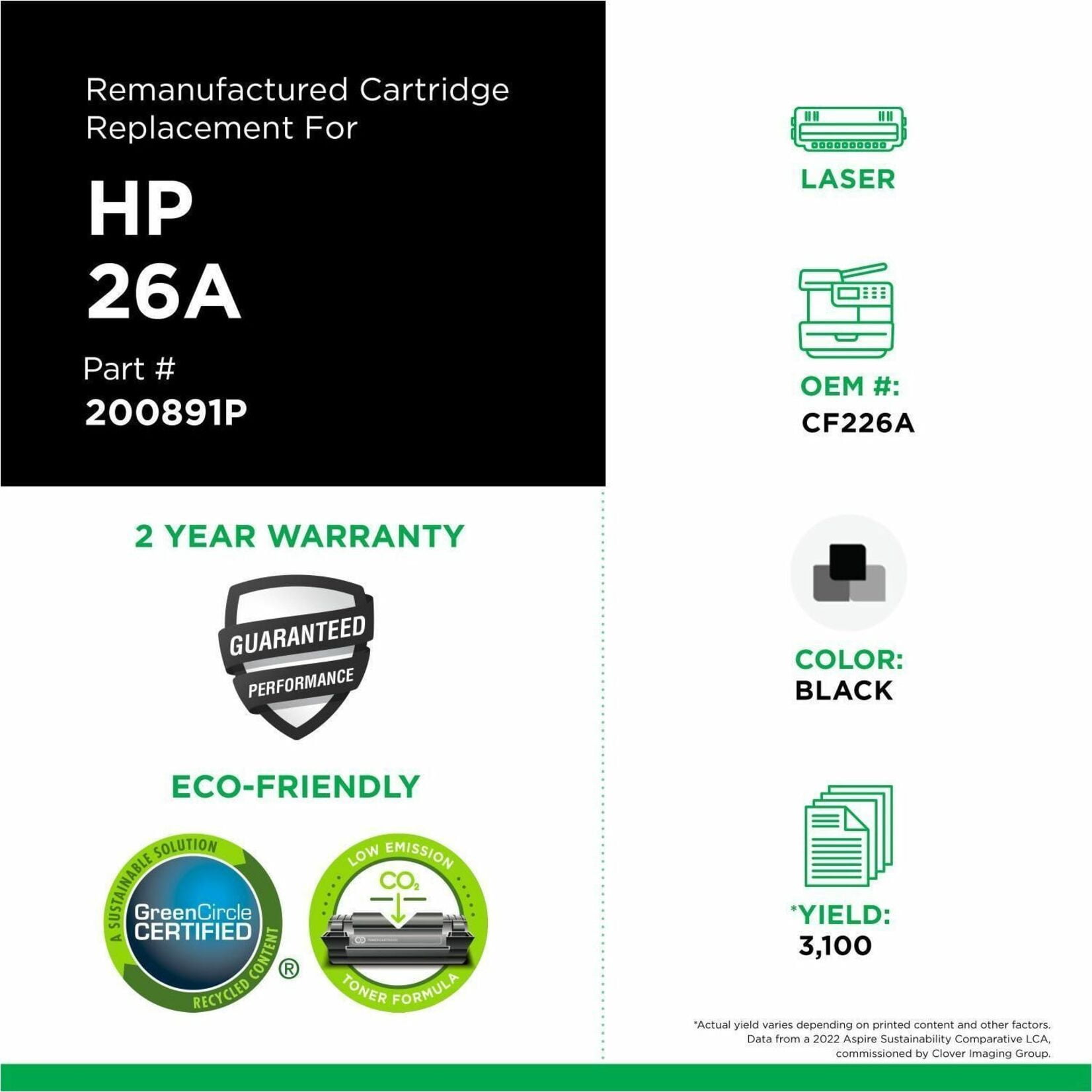 CIG 200891P Remanufactured Toner Cartridge for HP 26A Black