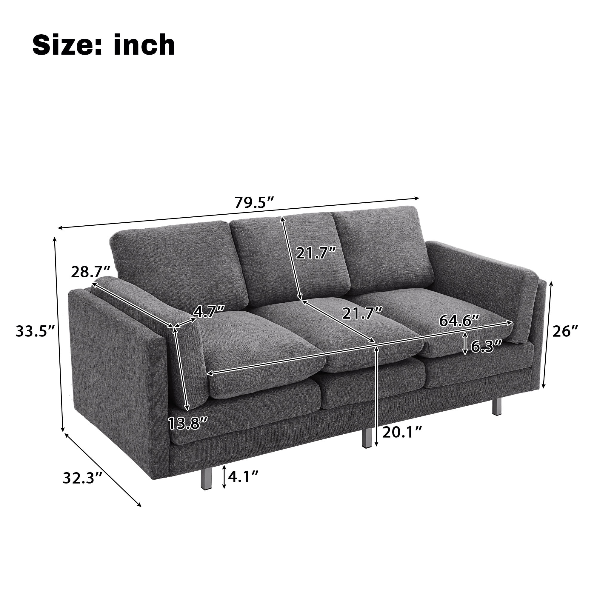 MODERNLUXE 79.5" Cloud Modular Sofa, Comfy 3-Seater Chenille Upholstered Sofa Couch with Dual-layer Seat Cushions & Deep Seat for Living Room,Small Space,Grey
