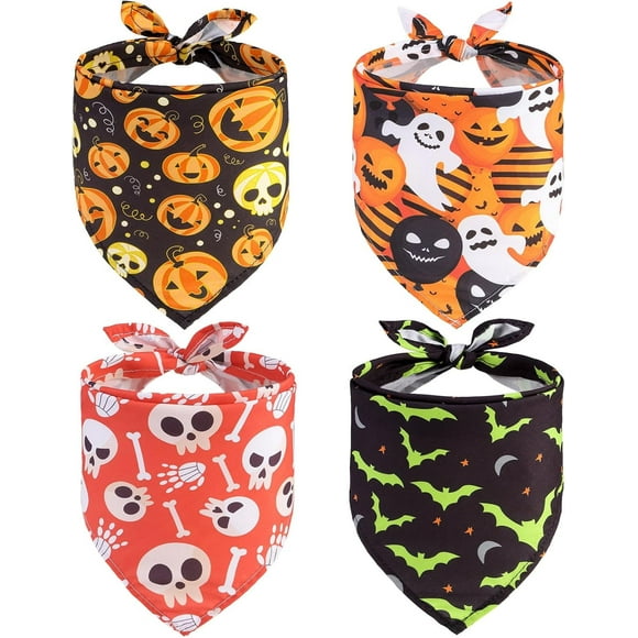 Halloween Dog Bandana 4 Pack - Soft and Breathable Pet Triangle Scarf Bibs, Full of Halloween Element Patterns, for Dogs and Cats