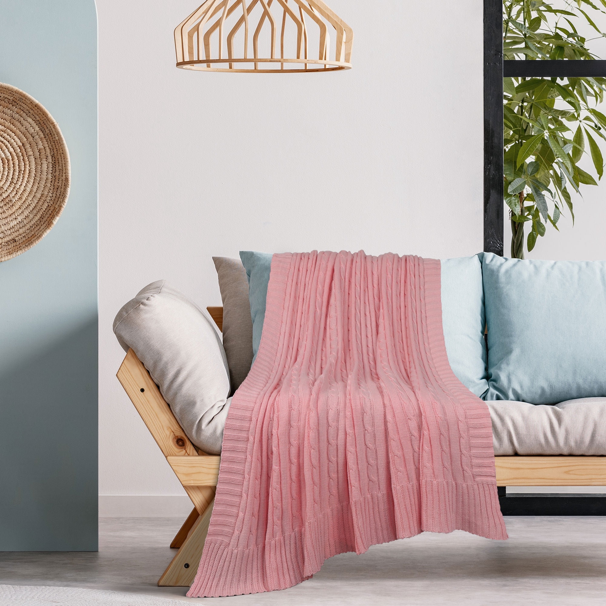 Unique Bargains 100% Cotton Cable Knit Throw Bed Blanket Blush Pink 60" x 78"