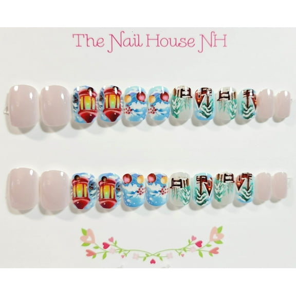 Little Winter Village Glossy Extra Short Squoval Press On Nails - 24 Pieces - Christmas Nails