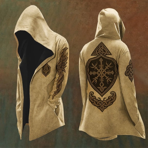 Mens Norse Jackets Vintage Hooded Mythology Cardigan Coat Long Sleeve Motorcycle Jacket Relaxed Fit Khaki L