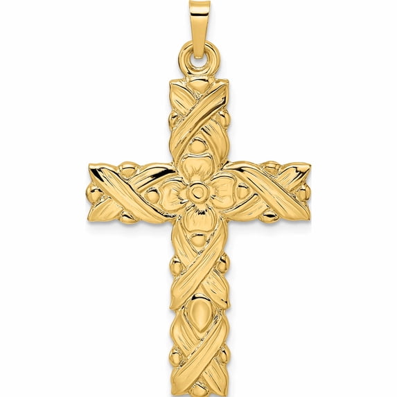 14K Yellow Gold Polished And Textured Floral Solid Cross Pendant (25.15 X 14.55) Made In United States -Jewelry By Sweet Pea