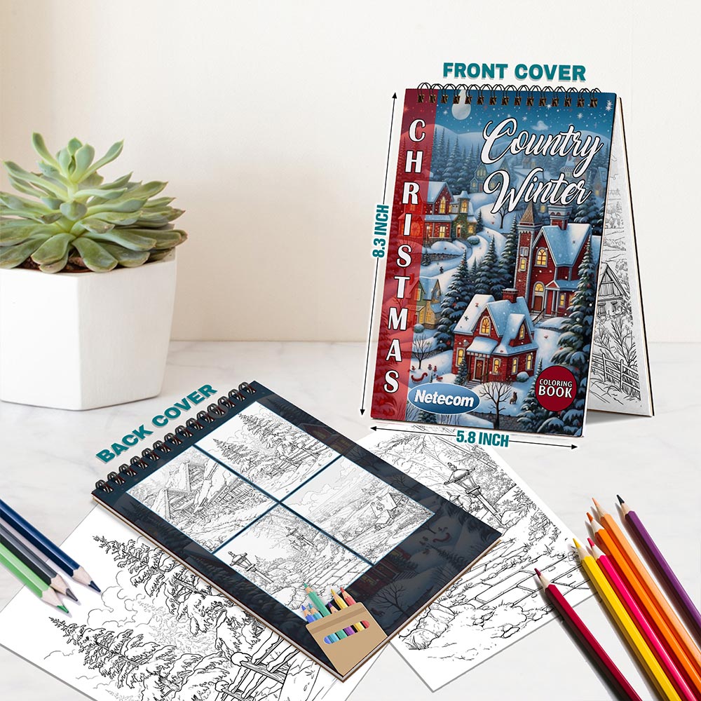 Netecom Christmas Country Winter Coloring Book Spiral Bound For Adults, A5 Wooden Cover, 30 Calming Coloring Pages of Winter Scenes for Stress Relief and Relaxation