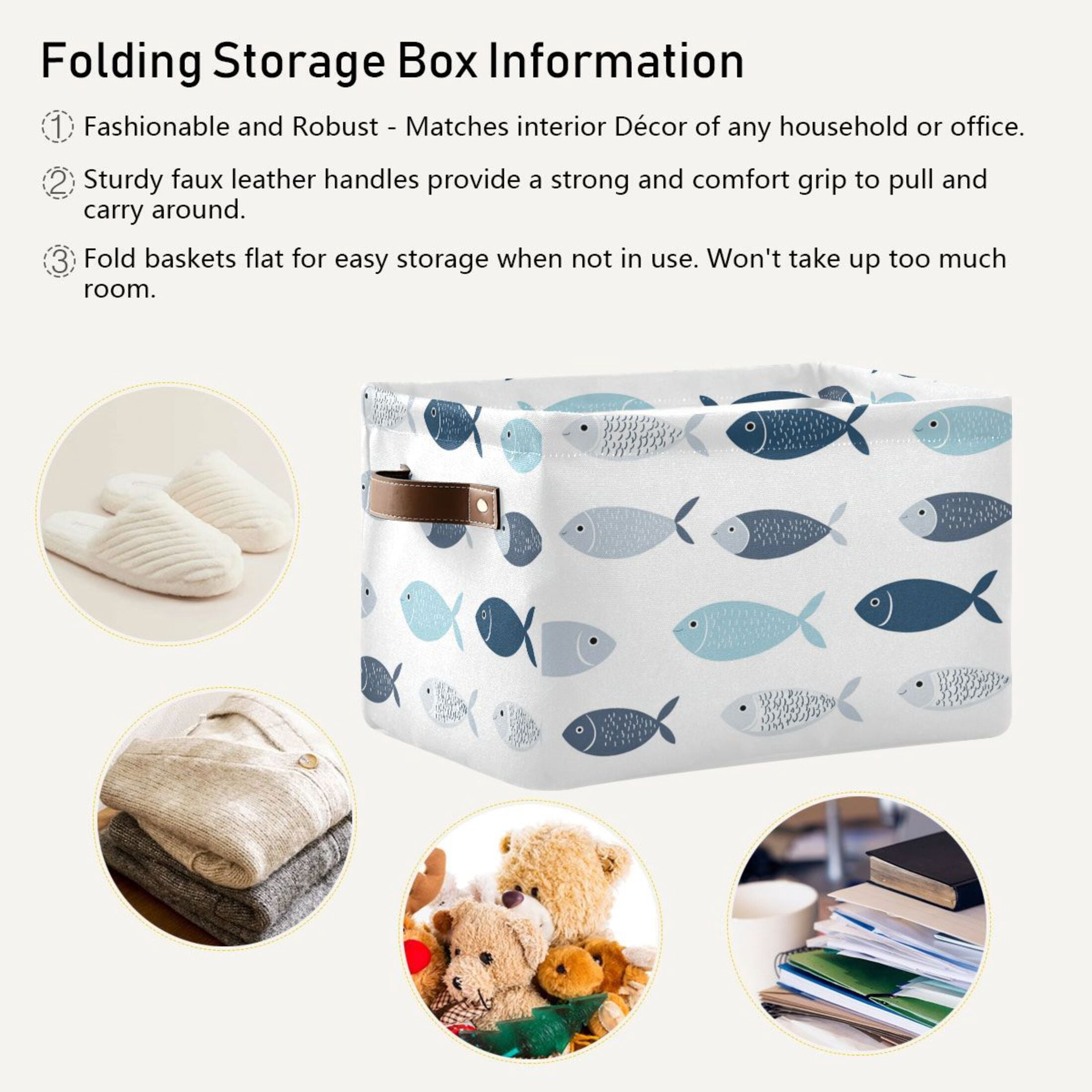 Simple and Cute Fish Foldable Storage Basket,Canvas Fabric Foldable Storage Bins with Handles Open Home Storage Bins Boxes for Toy Book Shelf Closet Baskets