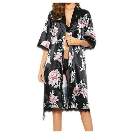 

BIZIZA Womens Pajama Set Robe Sleepwear 2 Piece PJ Sets with Panty Soft Loungewear Black M