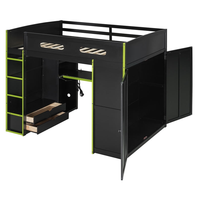 Full Size Wooden Loft Bed with Desk, Wardrobe and Storage Shelves, Gaming Loft Bed Frame with RGB LED Light, USB Charging Port and Built-In Workstation for Bedroom