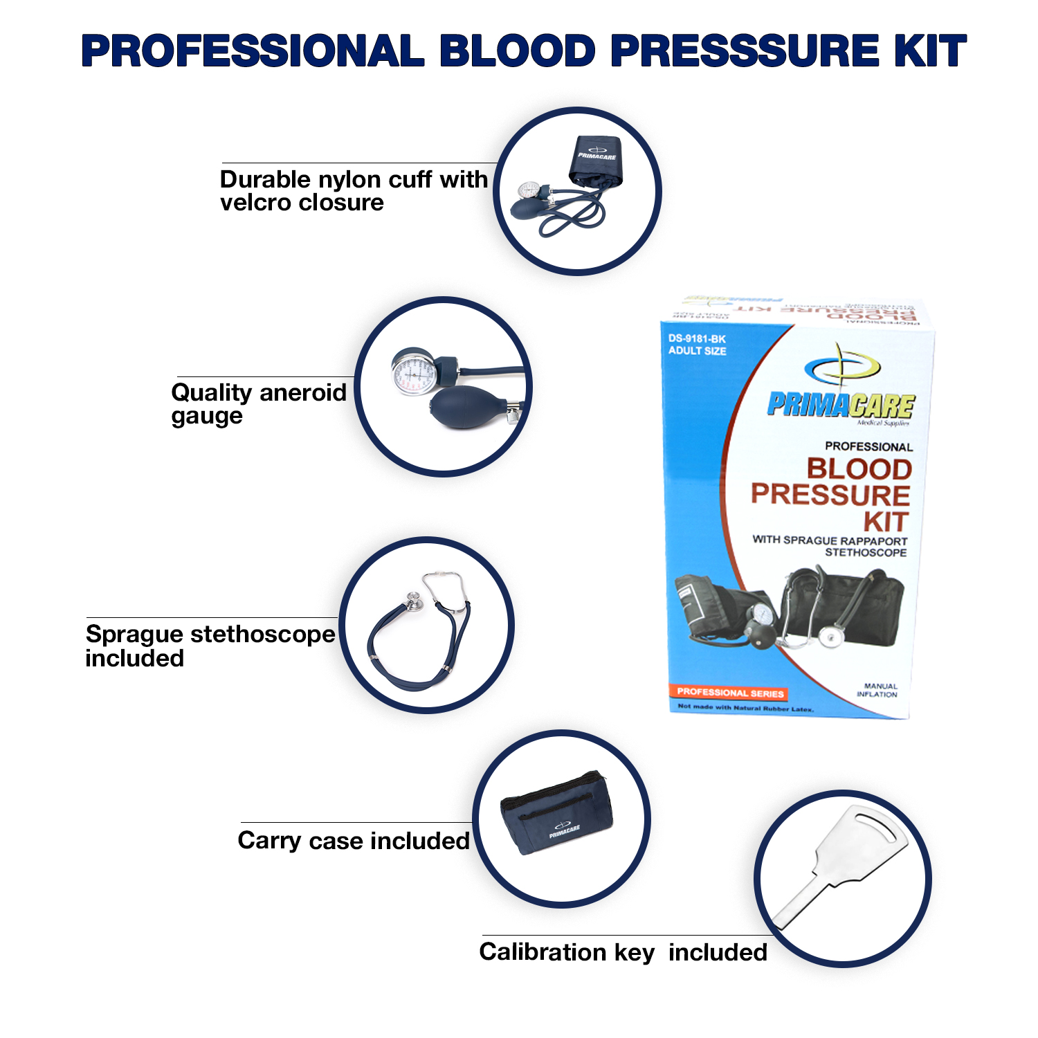 Primacare DS-9181-BLWM Professional Aneroid Sphygmomanometer and Sprague Rappaport Stethoscope, Manual Blood Pressure Kit with Cuff and Carrying Case, Blue