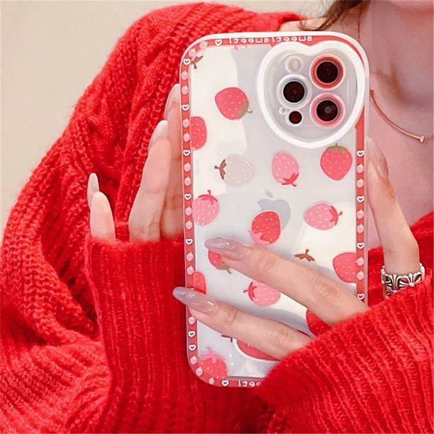 Encantadora funda de teléfono Cherry Strawberry para iPhone 11 12 13 Pro Max XR XS Max X Love Heart, protección de cámara, parachoques de silicona transparente Tan Jianjun unisex