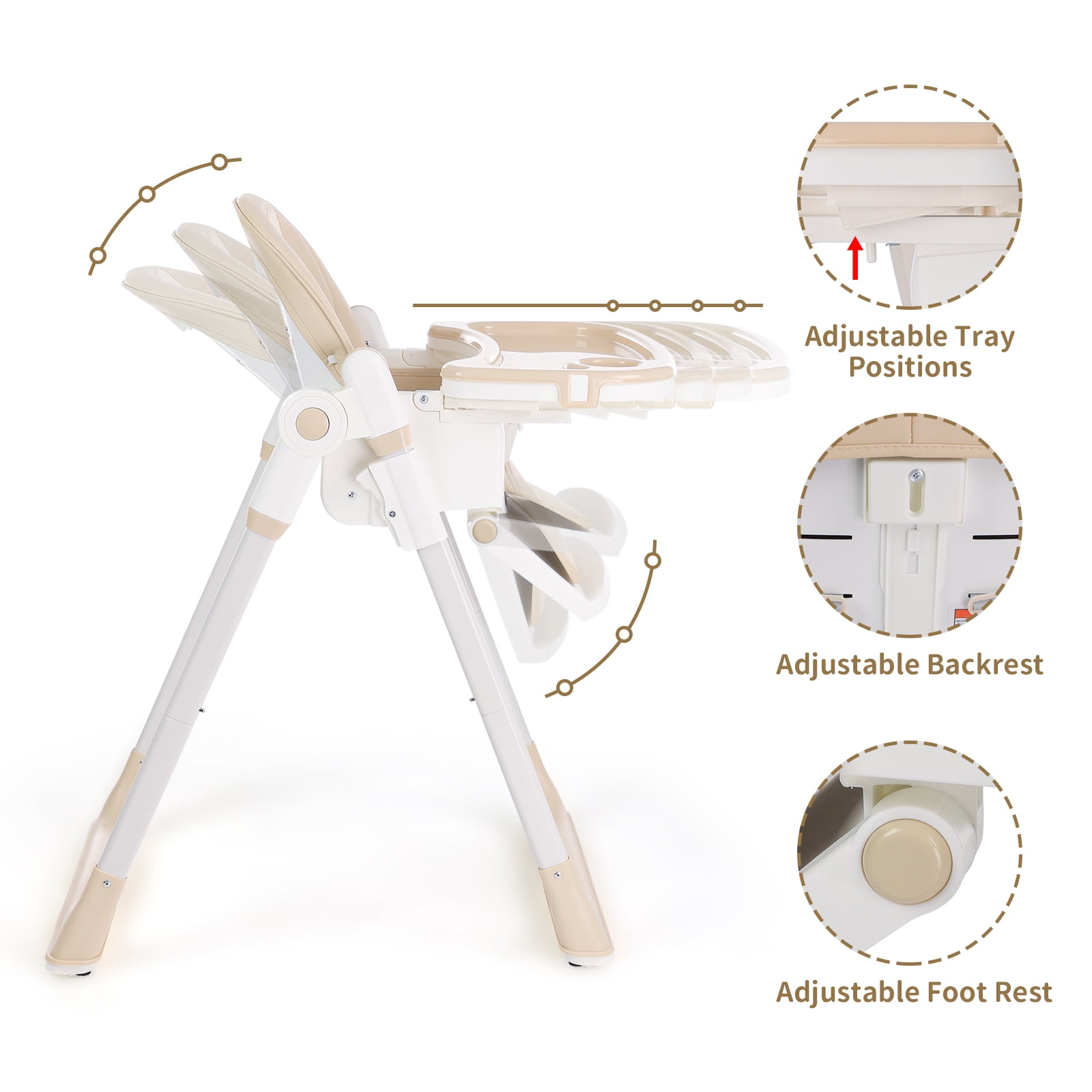 Cochildor Foldaway 3-in-1 High Chair for Babies & Toddlers, with 5 Point Harness, Tray, Foot Rest and Wheels, Beige