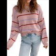 thumbnail image 3 of Suéter de Mujer con Borde Acanalado A Rayas, Larga, Cuello Redondo, Hombros Caídos, Suéteres de Otoño Rosa L, 3 of 6