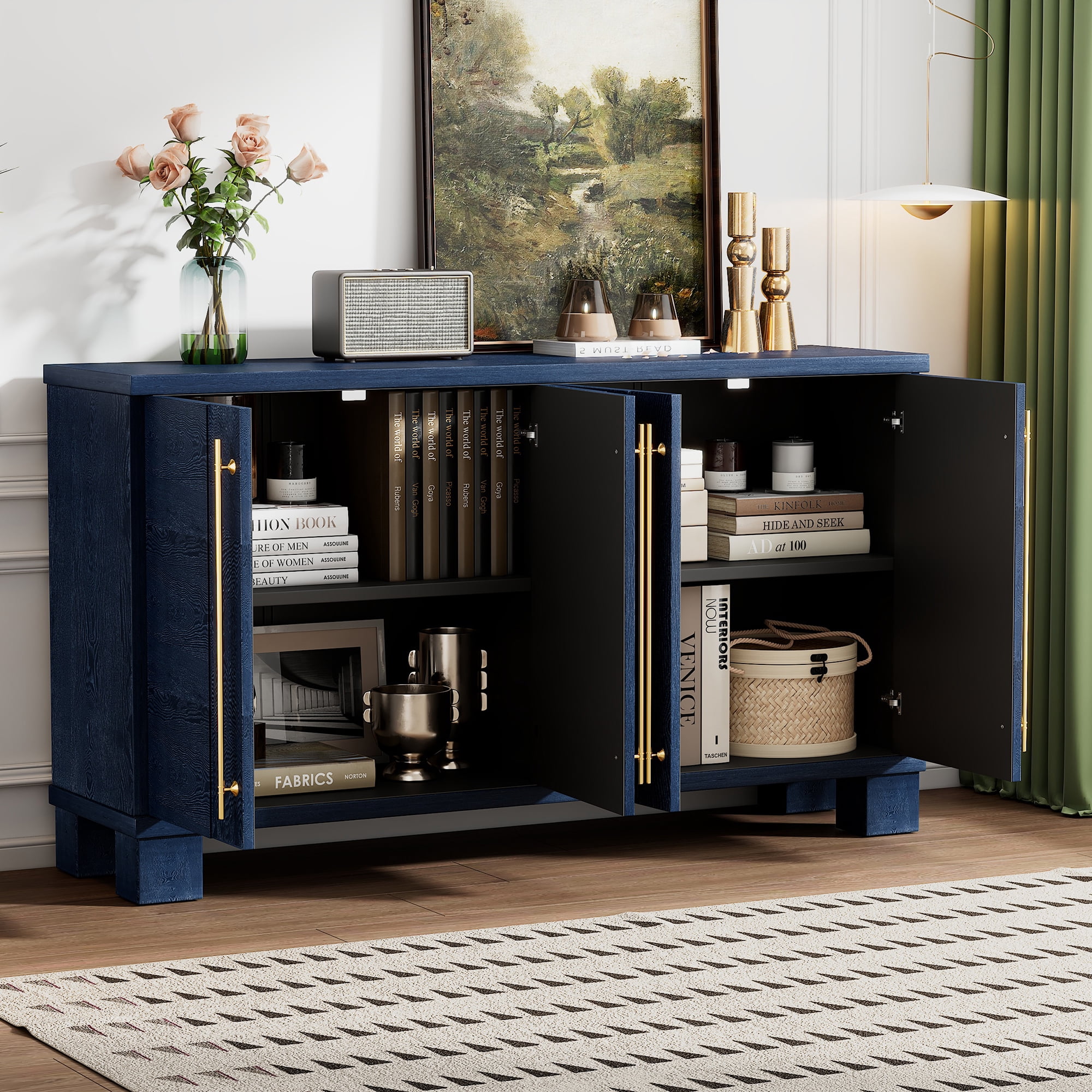 Euroco 60" Sideboard Buffet Cabinet with Storage, Wooden Coffee Bar Cabinet with Gold Handles & Adjustable Shelves for Kitchen, Dining Room and Living Room,Antique Navy