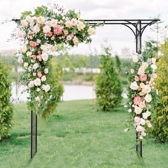 Gymax 7 FT Garden Arch Arbor Metal Frame Stand Trellis w/Flat Top Design for Climbing Plants Outdoor Archway Gate for Wedding Ceremony