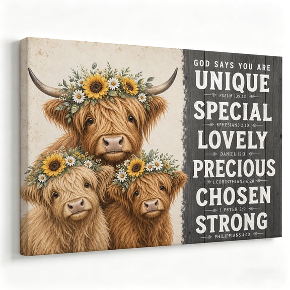 God Says You Are Highland Cow Canvas Wall Art Sunflower Floral Headdress Poster Rustic Farmhouse Scripture Painting Christian Living Room Decor Ready to Hang 8*12